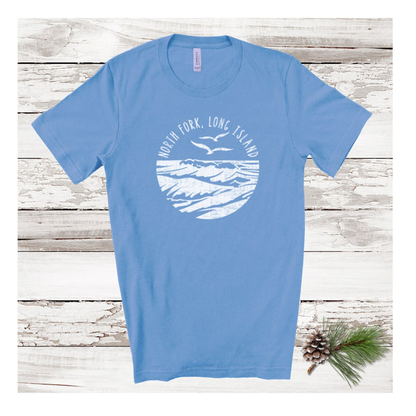 North Fork Long Island Sea & Gulls T-shirt | Holiday 2024 | Adult Unisex Carolina Blue