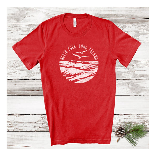 North Fork Long Island Sea & Gulls T-shirt | Holiday 2024 | Adult Unisex Really Red