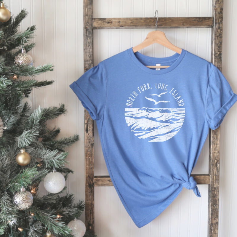 North Fork Long Island Sea & Gulls T-shirt | Holiday 2024 | Adult Unisex Carolina Blue