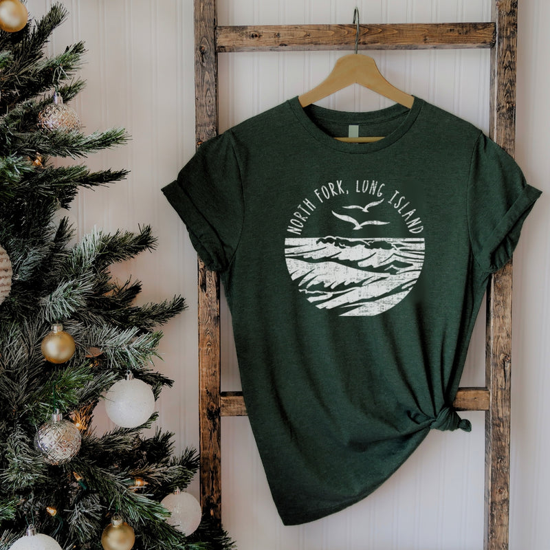 North Fork Long Island Sea & Gulls T-shirt | Holiday 2024 | Adult Unisex Forest Green