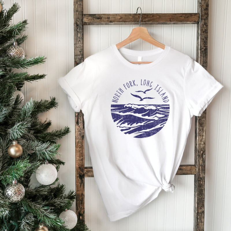 North Fork Long Island Sea & Gulls T-shirt | Holiday 2024 | Adult Unisex White