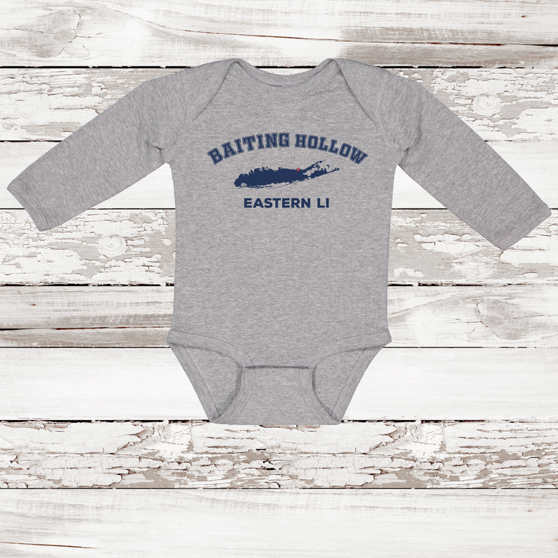 Baiting Hollow Eastern LI Long Sleeve Baby Onesie | Classic Colors Heather