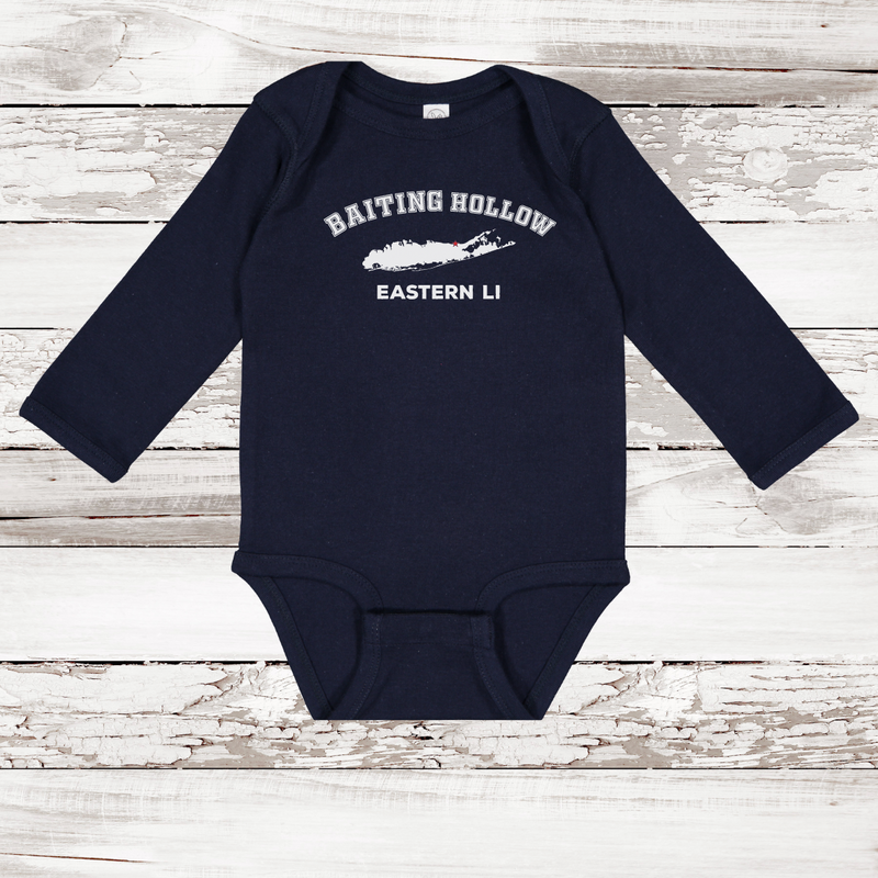 Baiting Hollow Eastern LI Long Sleeve Baby Onesie | Classic Colors Navy