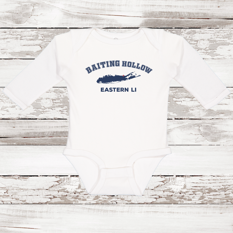 Baiting Hollow Eastern LI Long Sleeve Baby Onesie | Classic Colors White