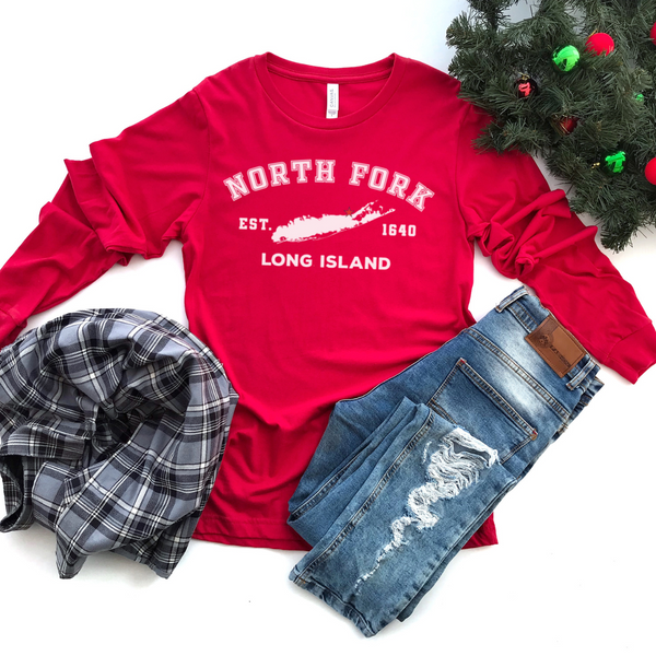 Classic North Fork Long Island Long Sleeve T-shirt | Holiday 2024 | Adult Unisex Very Red