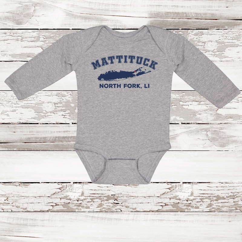 Mattituck North Fork LI Long Sleeve Baby Onesie | Classic Colors Heather