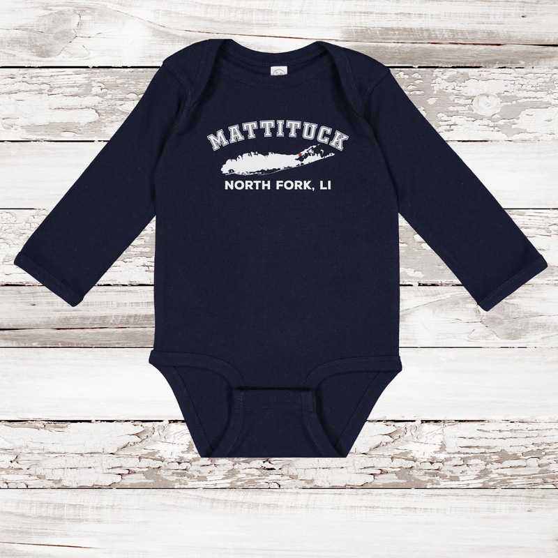 Mattituck North Fork LI Long Sleeve Baby Onesie | Classic Colors Navy