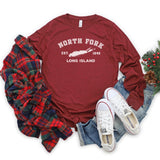 Classic North Fork Long Island Long Sleeve T-shirt | Holiday 2024 | Adult Unisex Heather Cardinal