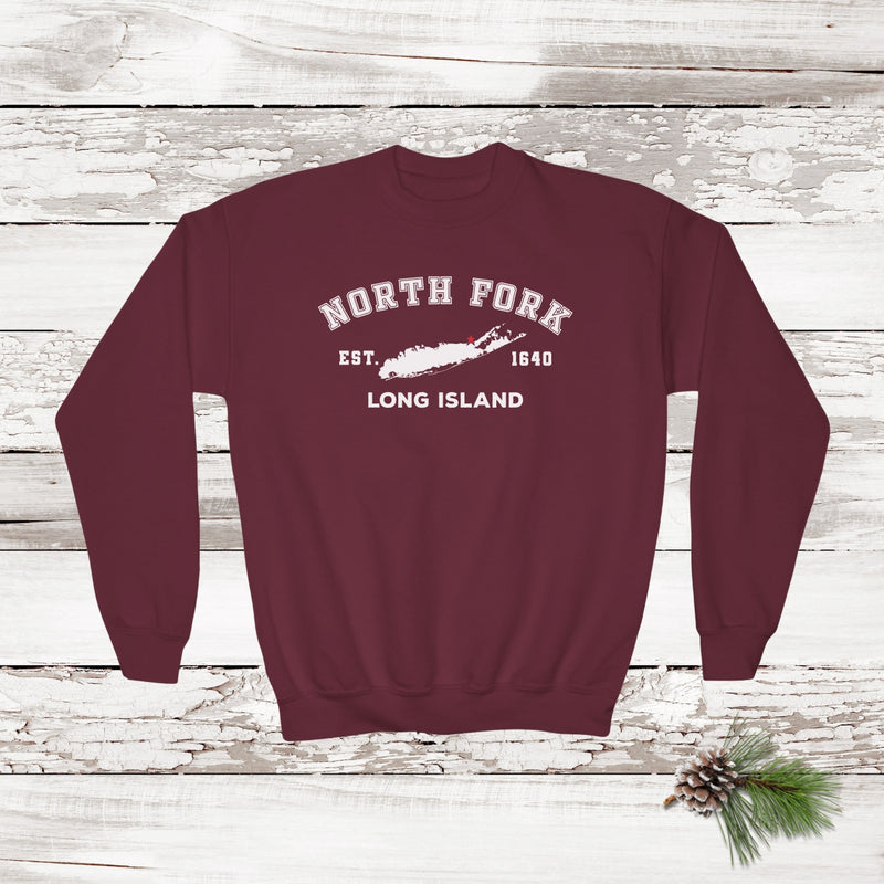 Classic North Fork Long Island Crewneck Sweatshirt | Holiday 2024 | Kids Maroon