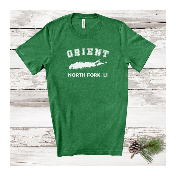 Orient North Fork LI T-shirt | Holiday 2024 | Adult Unisex Heather Holiday Green