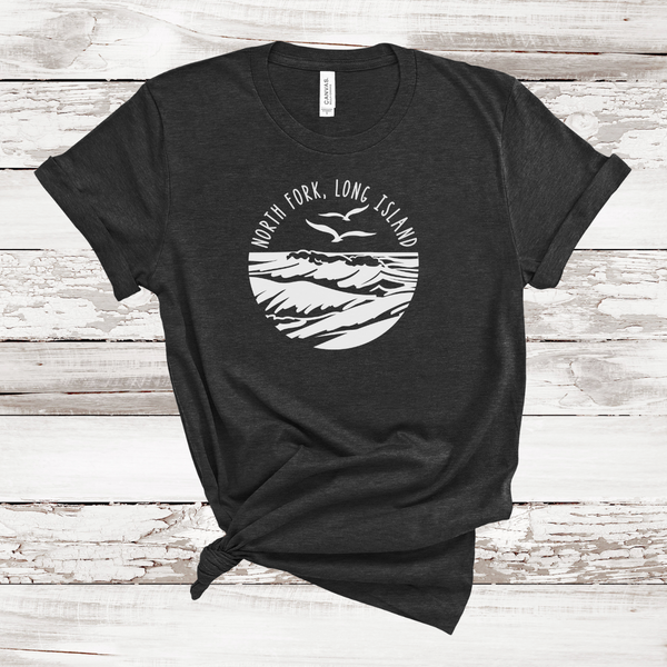 North Fork Long Island Sea & Gulls T-shirt | Adult Unisex | Dark Grey Heather