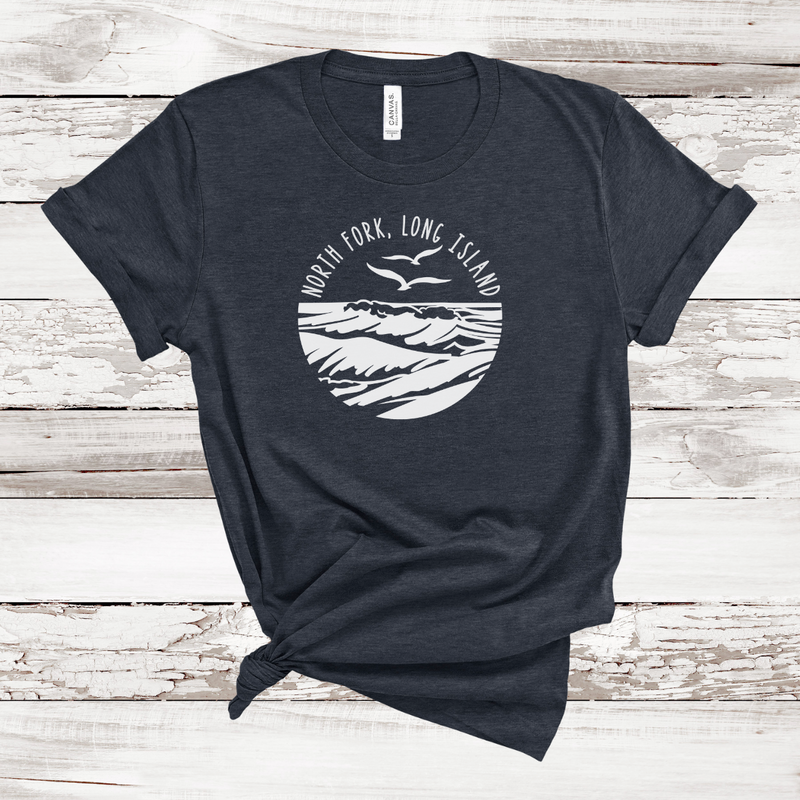 North Fork Long Island Sea & Gulls T-shirt | Adult Unisex | Heather Navy