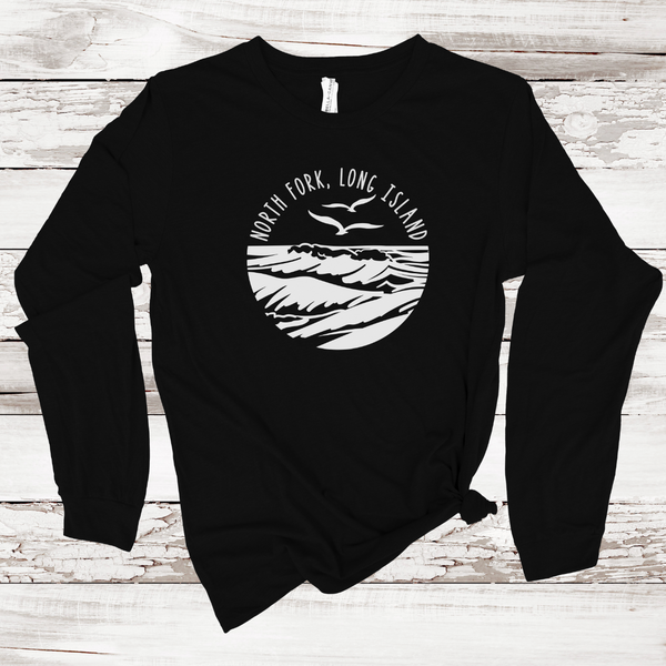 North Fork Long Island Sea & Gull Long Sleeve T-shirt | Adult Unisex | Black