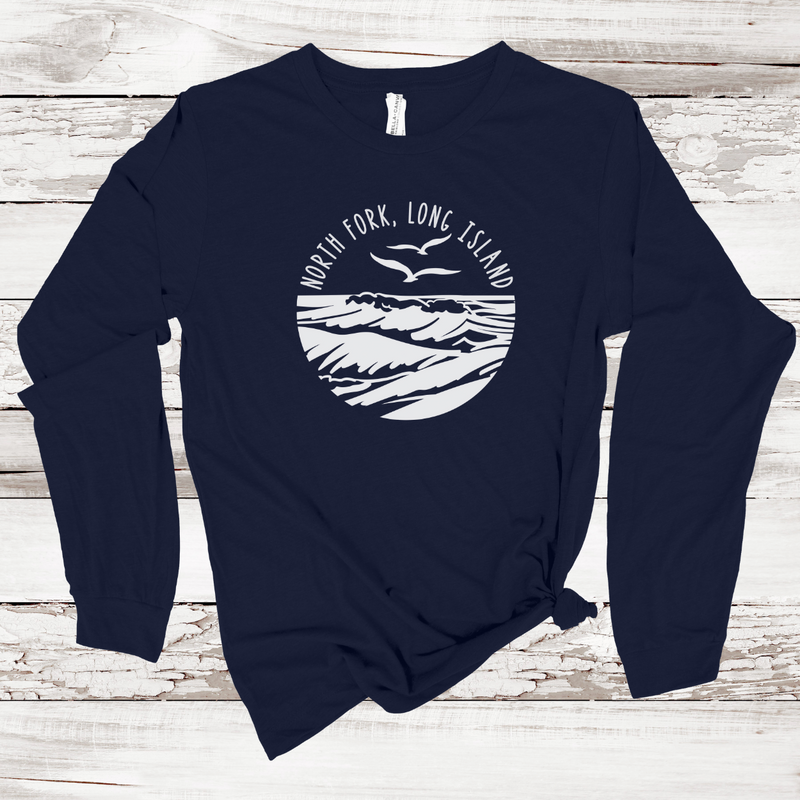 North Fork Long Island Sea & Gull Long Sleeve T-shirt | Adult Unisex Navy