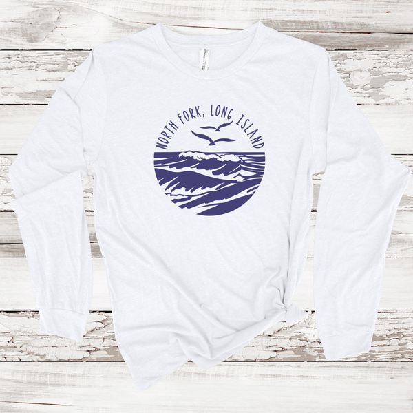 North Fork Long Island Sea & Gull Long Sleeve T-shirt | Adult Unisex | White