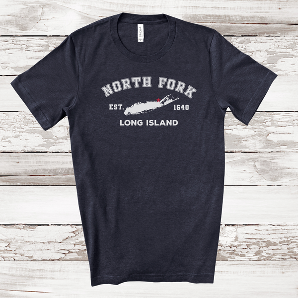 Classic North Fork Long Island T-shirt | Adult Unisex | Heather Navy