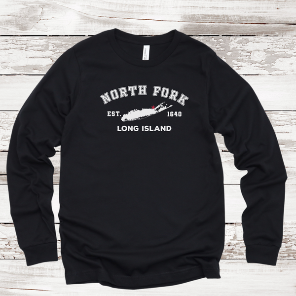 Classic North Fork Long Island Long Sleeve T-shirt | Adult Unisex | Black