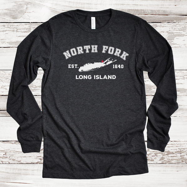 Classic North Fork Long Island Long Sleeve T-shirt | Adult Unisex | Dark Grey Heather