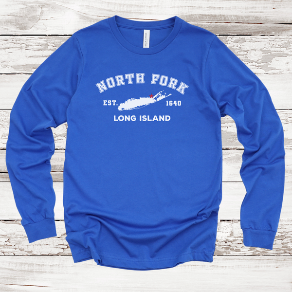 Classic North Fork Long Island Long Sleeve T-shirt | Adult Unisex | True Royal