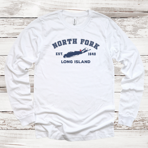 Classic North Fork Long Island Long Sleeve T-shirt | Adult Unisex | White S