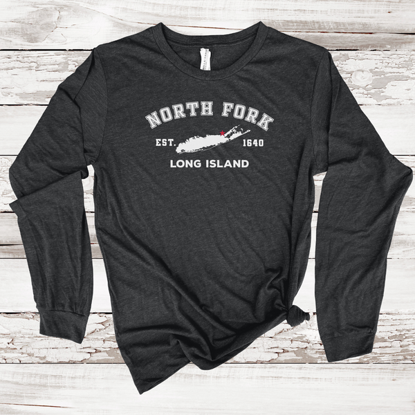 Classic North Fork Long Island Long Sleeve T-shirt | Adult Unisex Dark Grey Heather