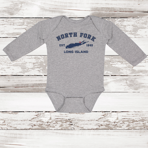 Classic North Fork Long Island Long Sleeve Baby Onesie | Heather