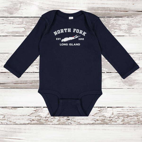Classic North Fork Long Island Long Sleeve Baby Onesie | Navy