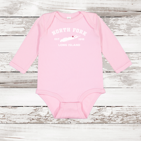 Classic North Fork Long Island Long Sleeve Baby Onesie | Pink
