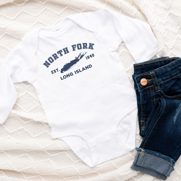 Classic North Fork Long Island Long Sleeve Baby Onesie | White